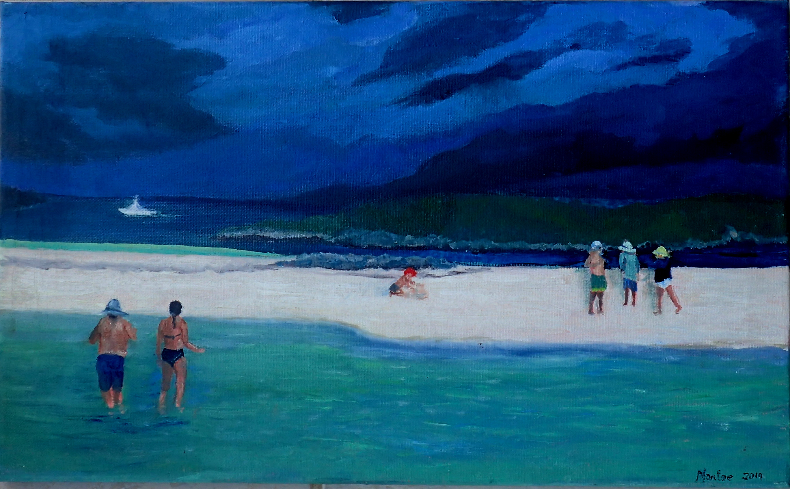 Summer raft ups at Tahiti Beach are a favorite way to socialize on a beautiful sandbar with friends. A summer squall breaks up the gathering. 12x20" Original Oil on cradled canvas   Restored survivor 